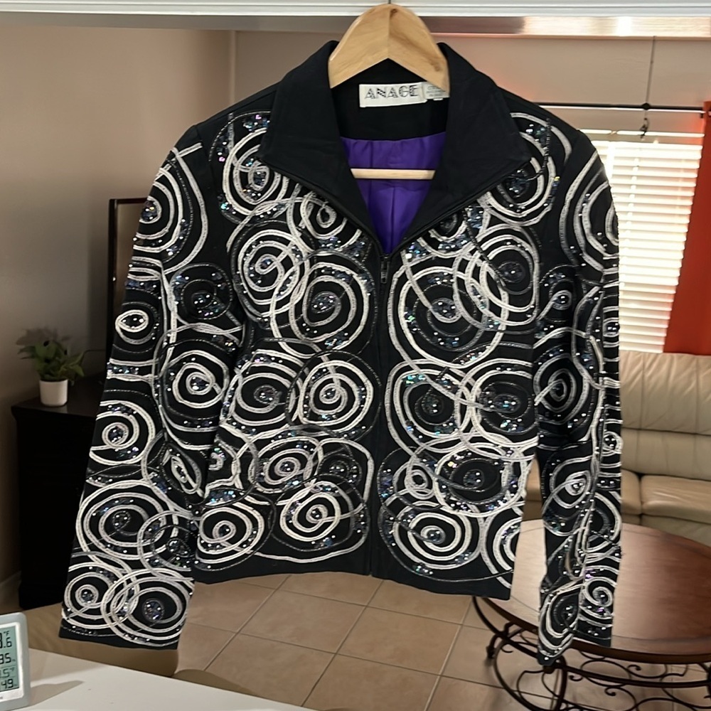 Vintage ANAGE Embroidered Platinum Sequin Braided Jacket Size XS